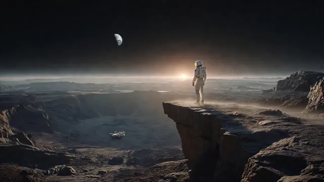 Grok Imagine 1.5 — Wide cinematic 16:9 shot of a lone astronaut standing on a high rocky outcrop at the edge of an 