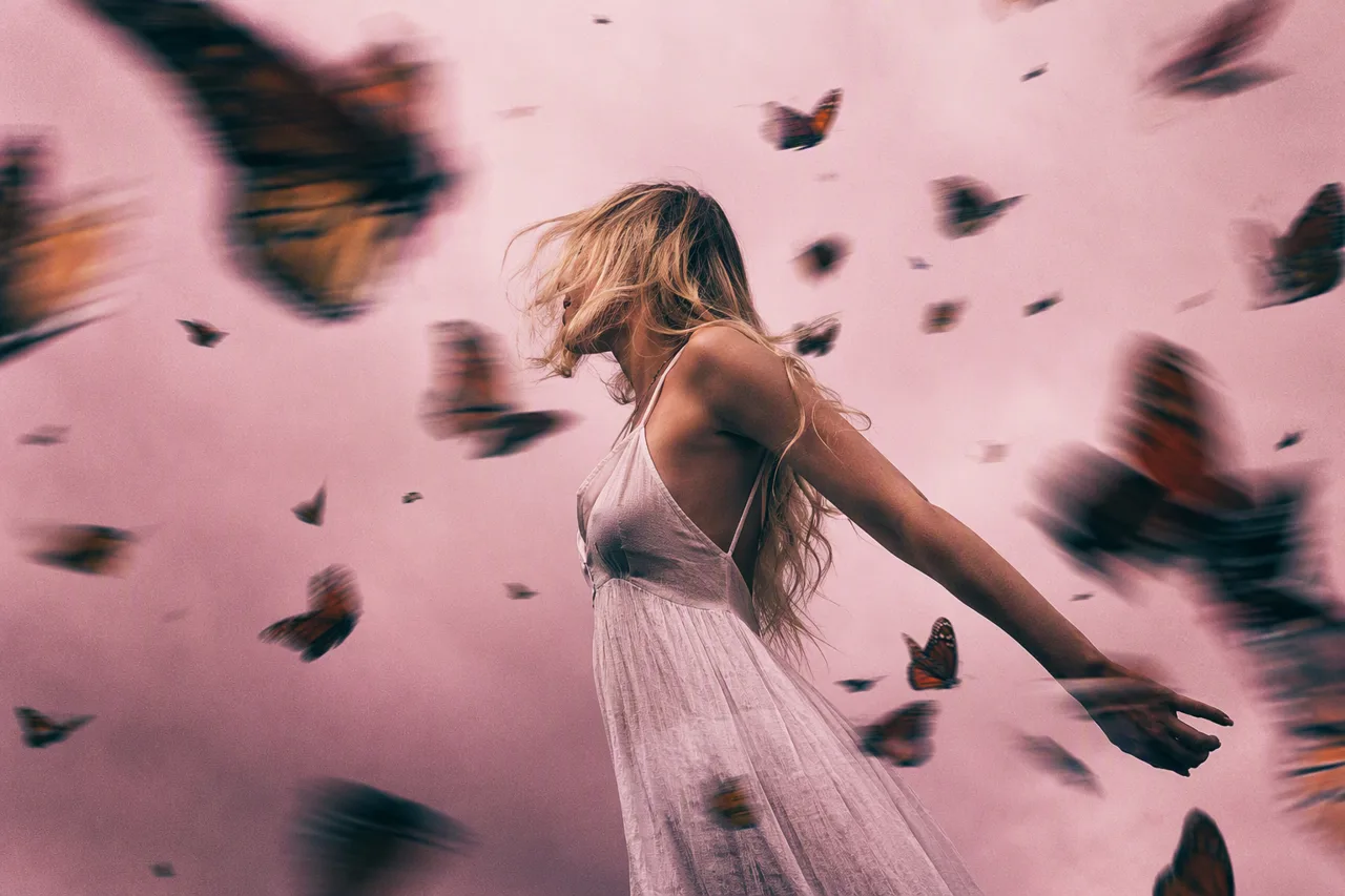 GPT Image 2 — High-contrast colorful saturated cinematic image of a blonde woman in a white linen dress in pro
